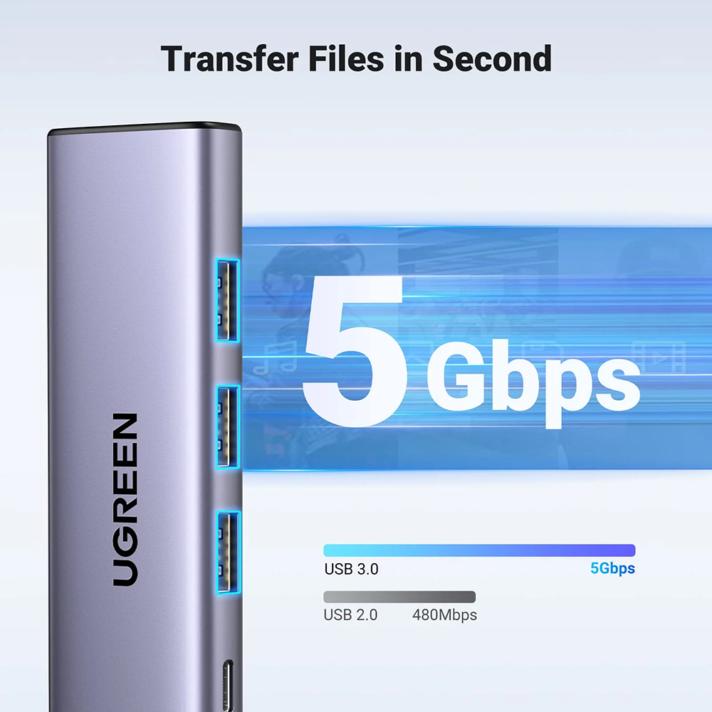 Hub Multiport, Slim, USB-C, 3x USB, HDMI, PD100W, 5Gbps, 4K - Ugreen - Gray [2]