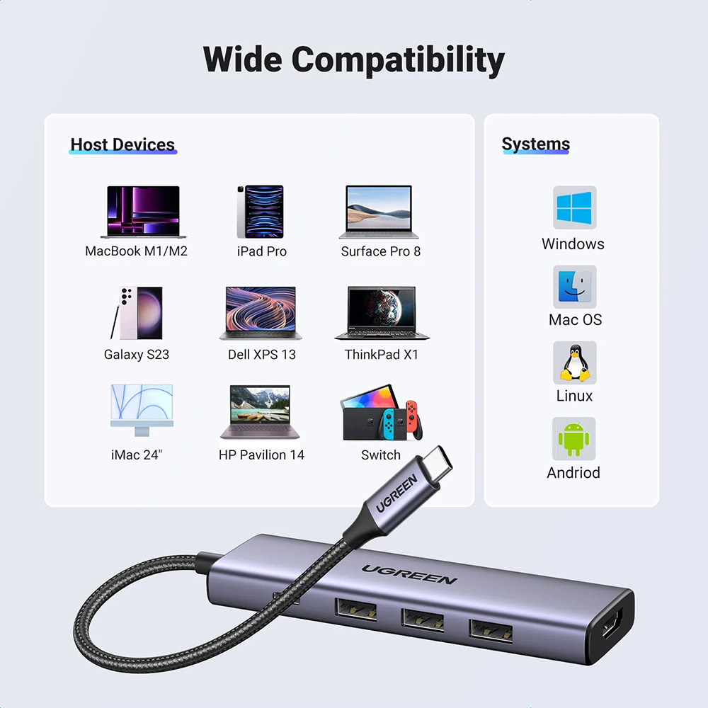 Hub Multiport, Slim, USB-C, 3x USB, HDMI, PD100W, 5Gbps, 4K - Ugreen - Gray [5]