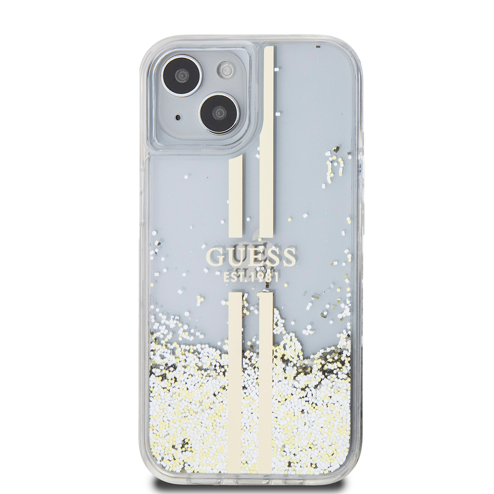 Husa pentru iPhone 15 - Guess Liquid Glitter Gold Stripes  - Transparent [2]