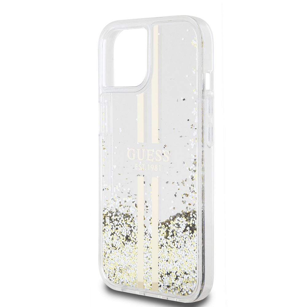 Husa pentru iPhone 15 - Guess Liquid Glitter Gold Stripes  - Transparent [5]