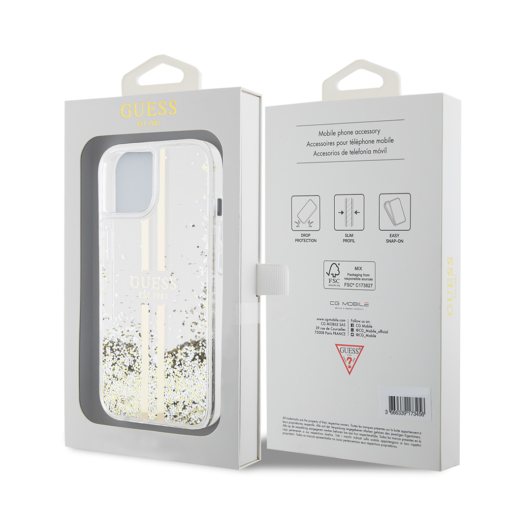 Husa pentru iPhone 15 - Guess Liquid Glitter Gold Stripes  - Transparent [7]