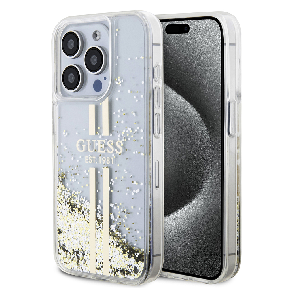 Husa pentru iPhone 15 Pro - Guess Liquid Glitter Gold Stripes  - Transparent [1]