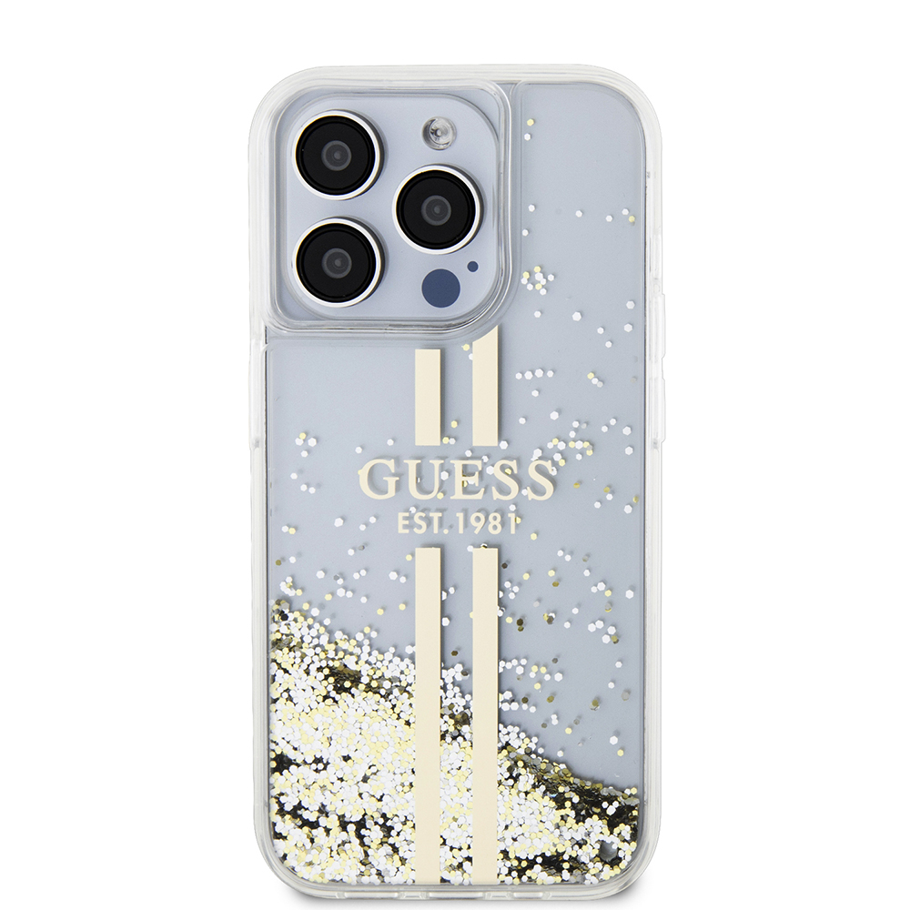 Husa pentru iPhone 15 Pro - Guess Liquid Glitter Gold Stripes  - Transparent [2]