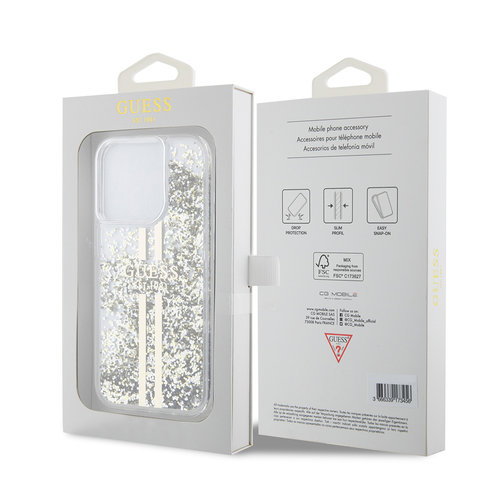 Husa pentru iPhone 15 Pro - Guess Liquid Glitter Gold Stripes  - Transparent [7]