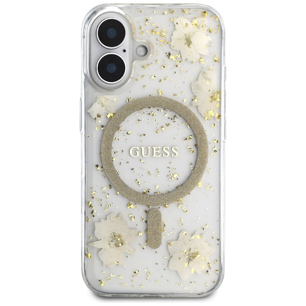 Husa pentru iPhone 16 - Guess  Hardcase Resin Flowers and Glitter MagSafe (GUHMP16SRBFGFGME) - Beige [2]