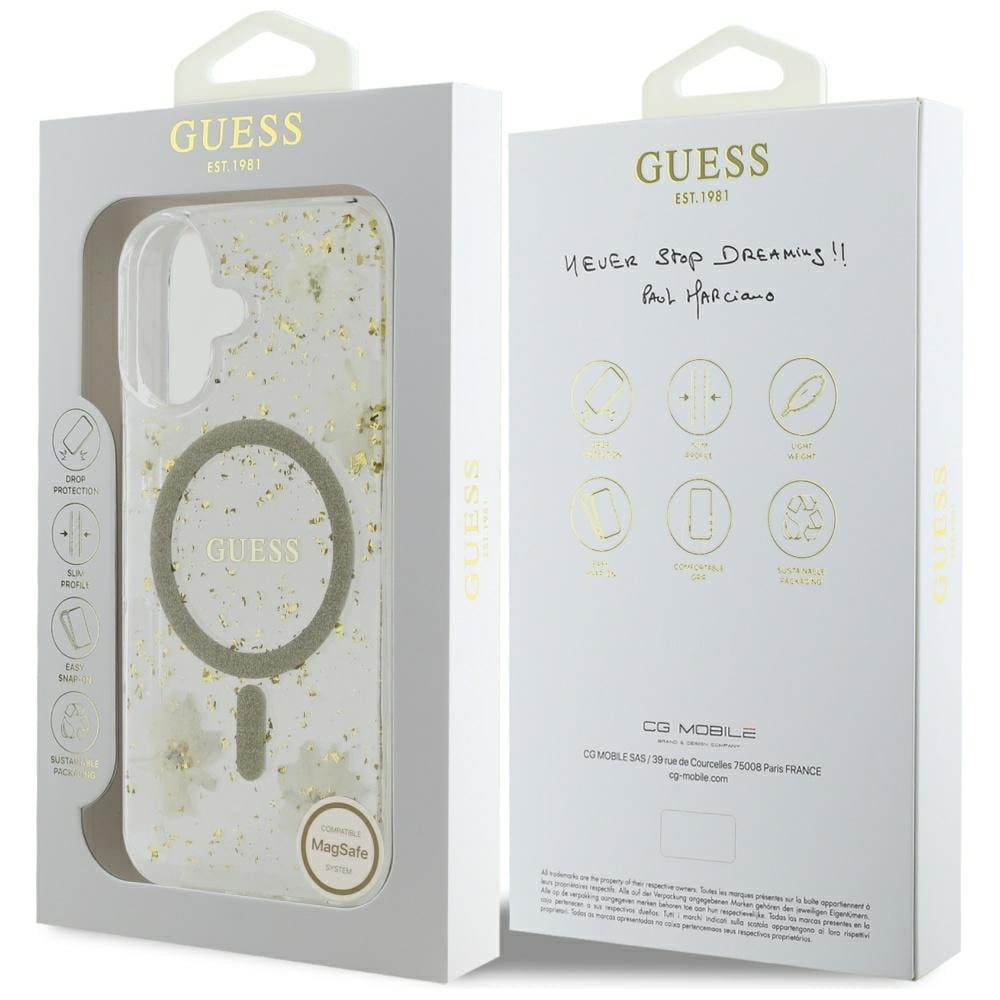 Husa pentru iPhone 16 - Guess  Hardcase Resin Flowers and Glitter MagSafe (GUHMP16SRBFGFGME) - Beige [7]