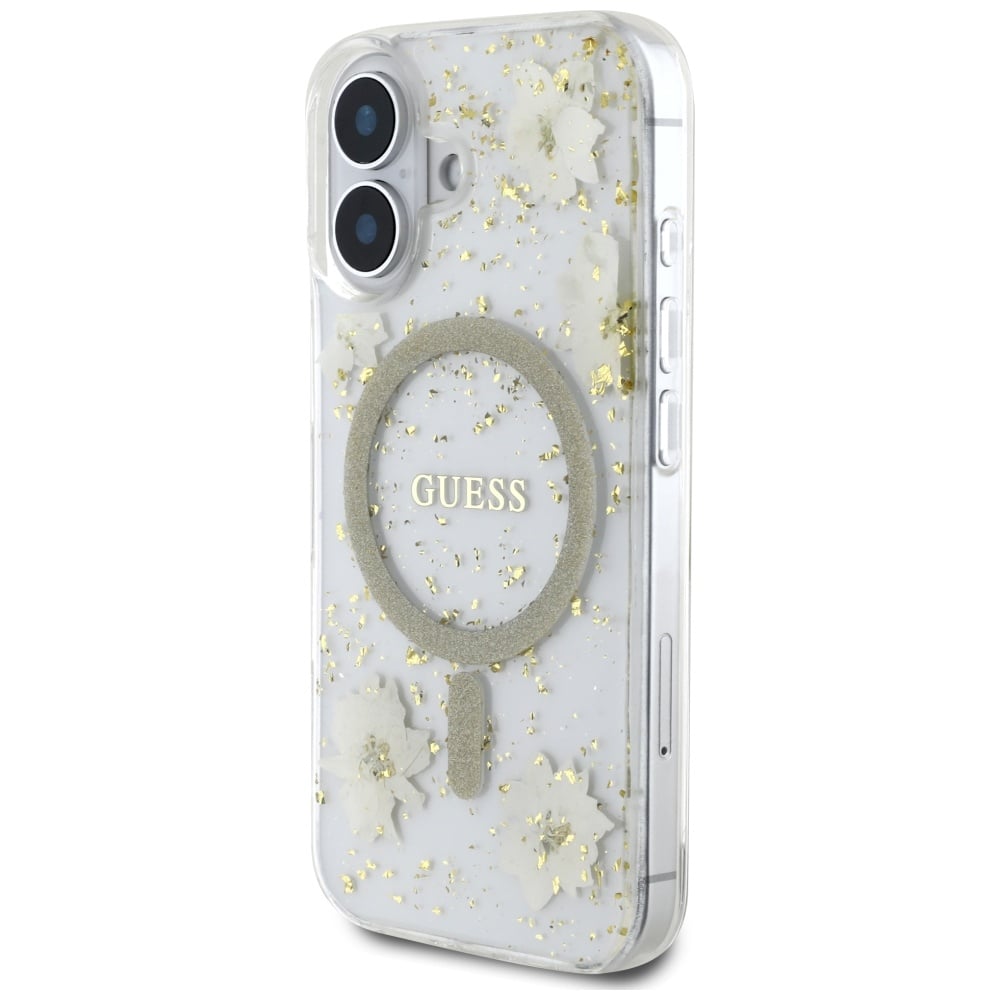 Husa pentru iPhone 16 - Guess  Hardcase Resin Flowers and Glitter MagSafe (GUHMP16SRBFGFGME) - Beige [4]