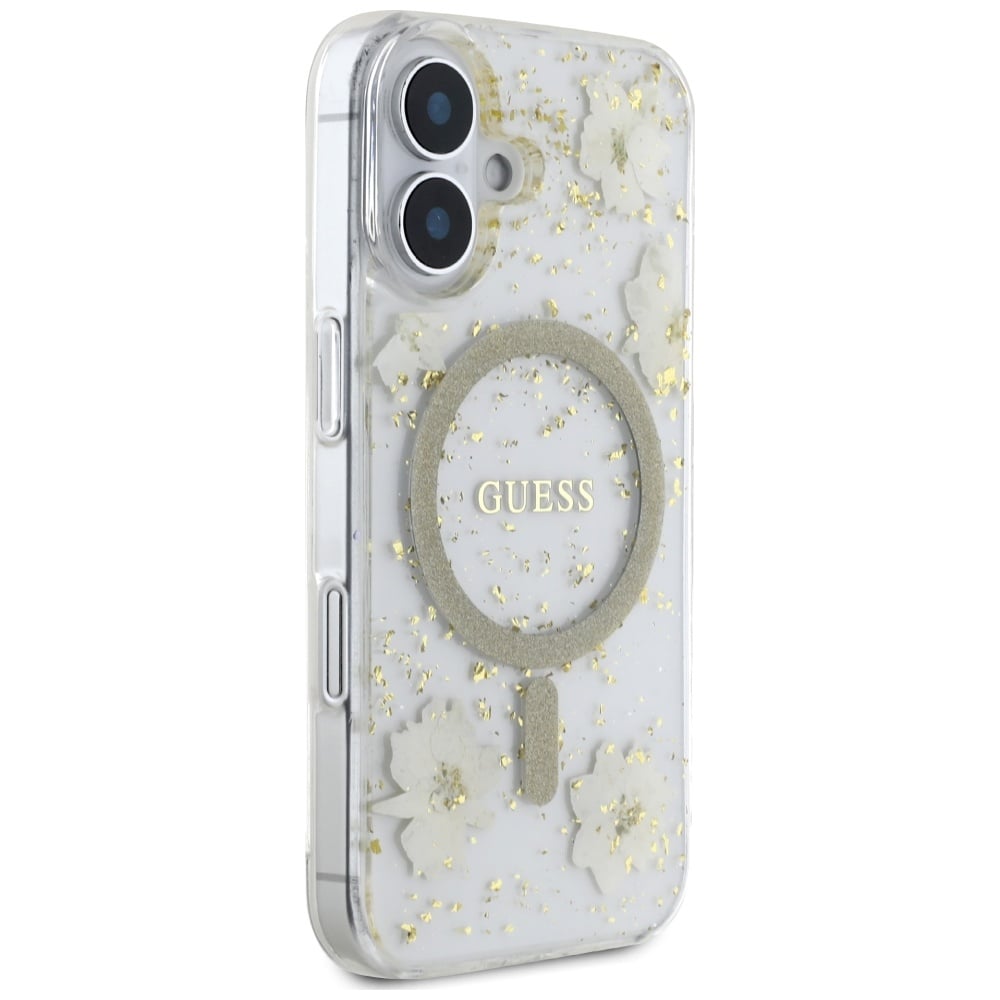 Husa pentru iPhone 16 - Guess  Hardcase Resin Flowers and Glitter MagSafe (GUHMP16SRBFGFGME) - Beige [3]