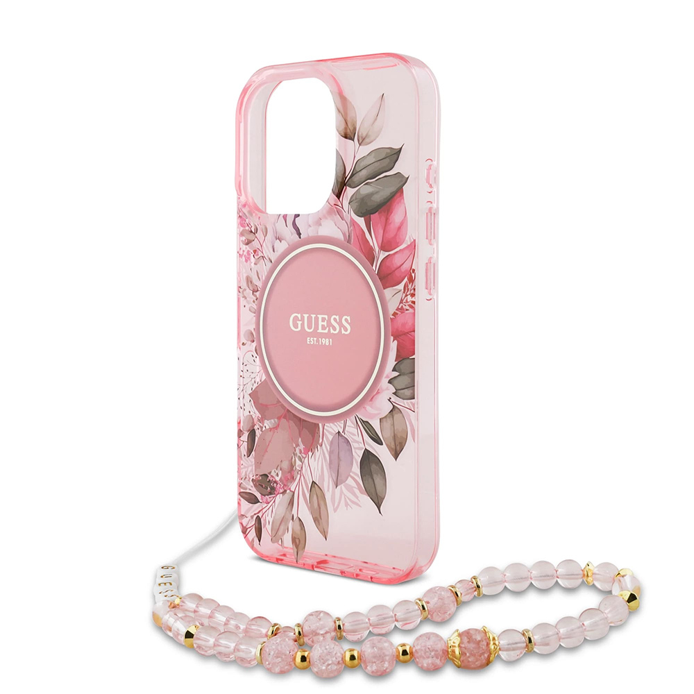 Husa pentru iPhone 16 Pro Max - Guess IML Flowers with Pearl Strap MagSafe  - Pink [5]