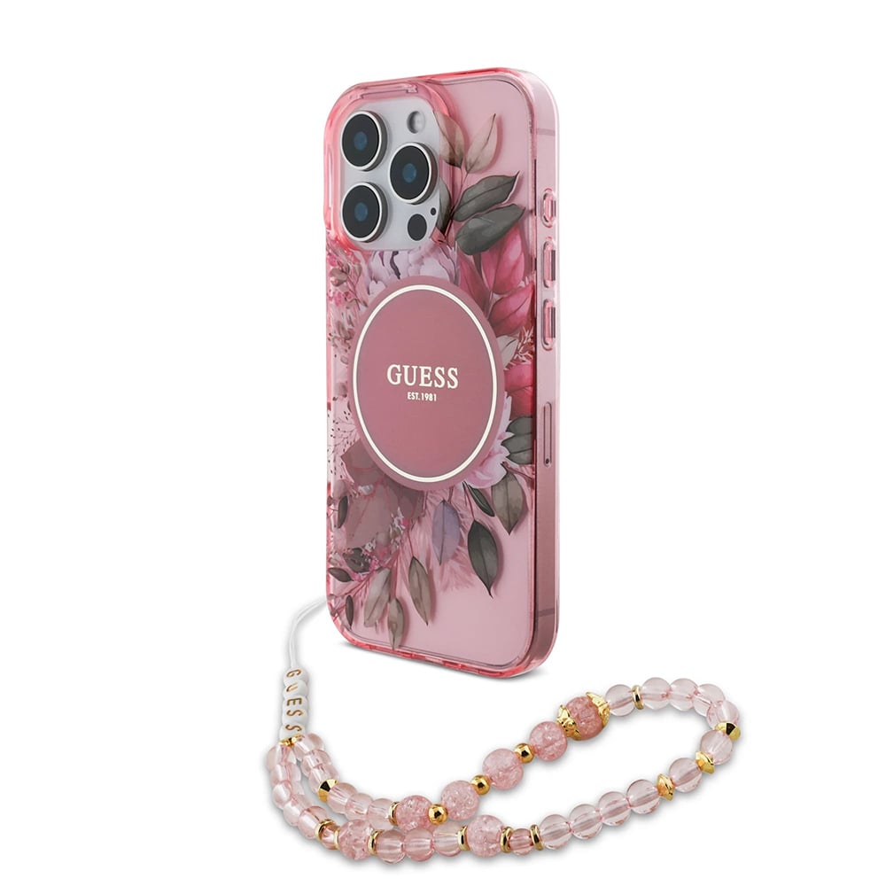 Husa pentru iPhone 16 Pro Max - Guess IML Flowers with Pearl Strap MagSafe  - Pink [4]