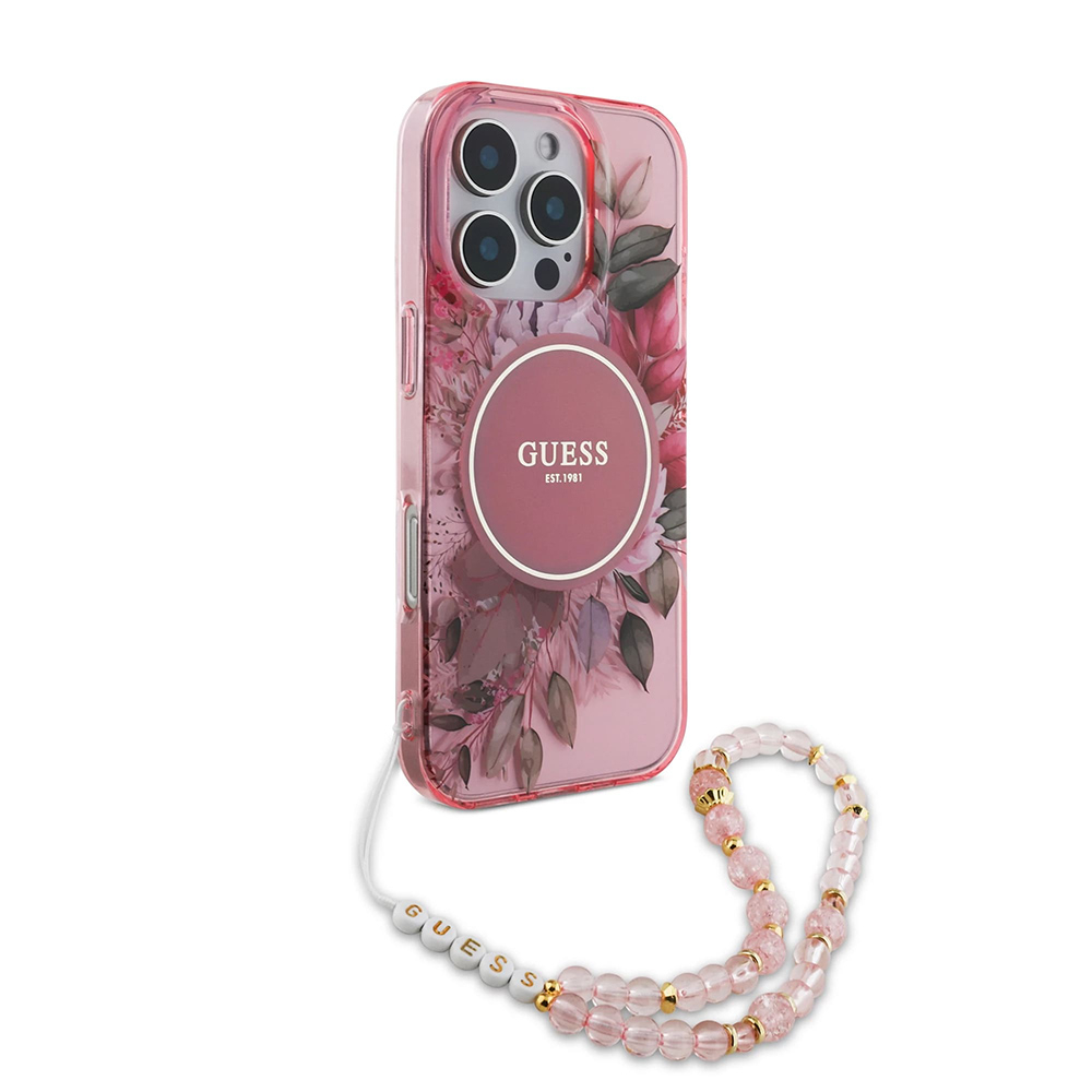 Husa pentru iPhone 16 Pro Max - Guess IML Flowers with Pearl Strap MagSafe  - Pink [2]