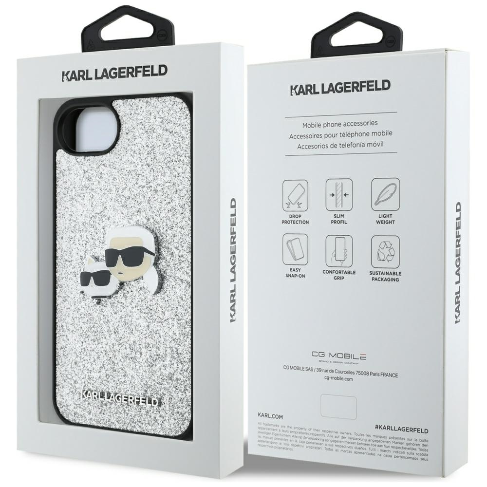 Husa pentru iPhone 16e - Karl Lagerfeld Hardcase Glitter Fixed (KLHCPSE4PFGKCPS) - Silver Karl&Choupette Head [7]