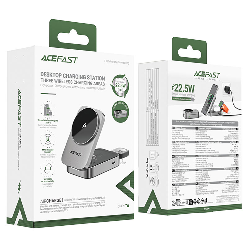 Statie de Incarcare 3in1 Pliabila pentru Casti, Ceas, Telefon, 22.5W, 2.5A - Acefast (E22) - Metal Gray [6]
