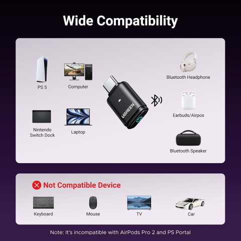 Adaptor BT5.3, USB-C, Plug&Play, Chip APTX - Ugreen BT501 (45008) - Black [3]