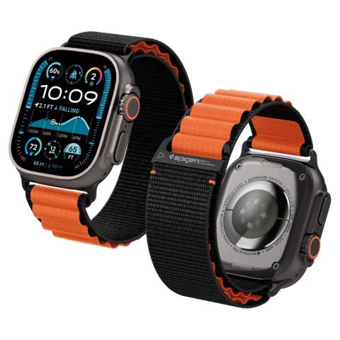 Accesorii SmartWatch - Curea pentru Apple Watch 6 / 7 / 8 / 9 / 10 / SE / SE 2 / Ultra / Ultra 2 (44/45/46/49mm) - Spigen WBF1 - Black / Orange