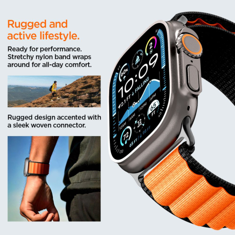 Curea pentru Apple Watch 6 / 7 / 8 / 9 / 10 / SE / SE 2 / Ultra / Ultra 2 (44/45/46/49mm) - Spigen WBF1 - Black / Orange [15]