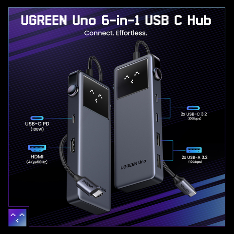 Docking Station 2x USB, 2x Type-C, HDMI, 10Gb/s, 4K, Display LED, Slot Card - Ugreen Uno 6in1 CM888 (35998) - Black [2]