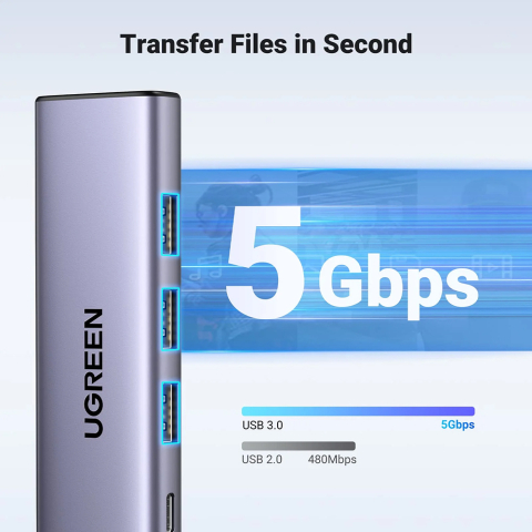 Hub Multiport, Slim, USB-C, 3x USB, HDMI, PD100W, 5Gbps, 4K - Ugreen - Gray [1]