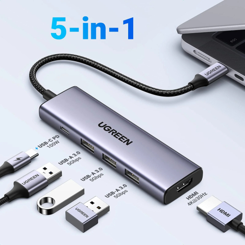 Hub Multiport, Slim, USB-C, 3x USB, HDMI, PD100W, 5Gbps, 4K - Ugreen - Gray [5]