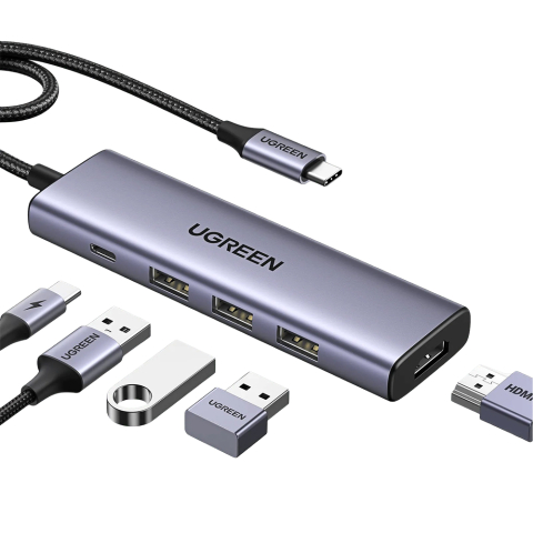 Conectica - Hub Multiport, Slim, USB-C, 3x USB, HDMI, PD100W, 5Gbps, 4K - Ugreen - Gray