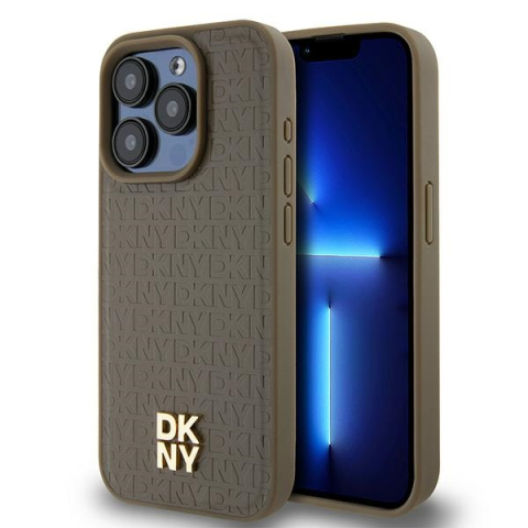 Huse telefoane - Husa iPhone 15 Pro - DKNY Leather Monogram Pattern Metal Logo MagSafe  - Brown