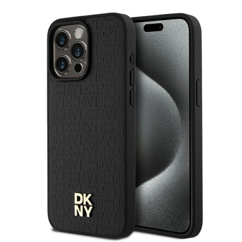 Huse telefoane - Husa iPhone 15 Pro Max - DKNY Leather Monogram Pattern Metal Logo MagSafe  - Black