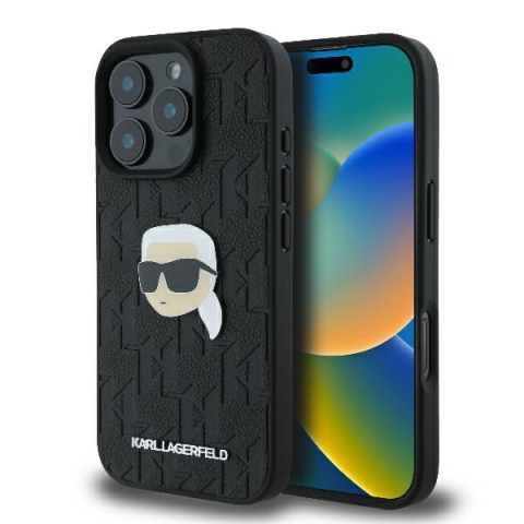 Huse telefoane - Husa iPhone 16 Pro Max - Karl Lagerfeld Hardcase Leather Monogram  - Karl Head Pin