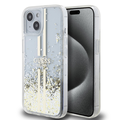 Huse & Folii Telefoane - Husa pentru iPhone 15 - Guess Liquid Glitter Gold Stripes  - Transparent