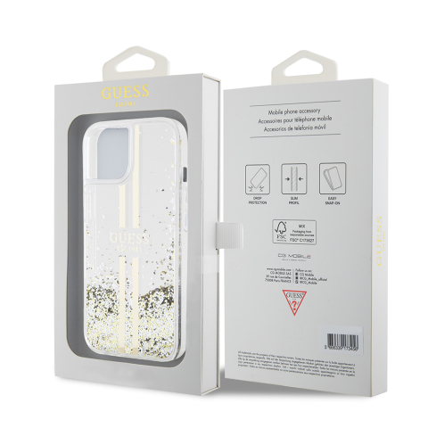 Husa pentru iPhone 15 - Guess Liquid Glitter Gold Stripes  - Transparent [6]