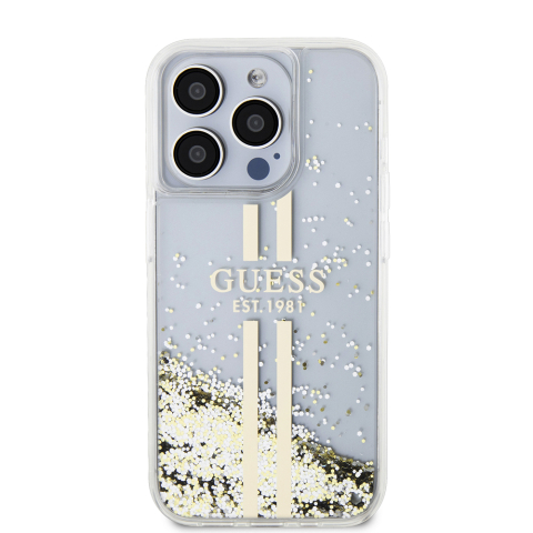 Husa pentru iPhone 15 Pro - Guess Liquid Glitter Gold Stripes  - Transparent [1]