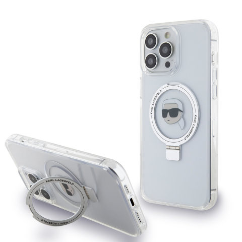 Huse & Folii Telefoane - Husa pentru iPhone 15 Pro - Karl Lagerfeld Hardcase Ring Stand MagSafe  - White Karl Head