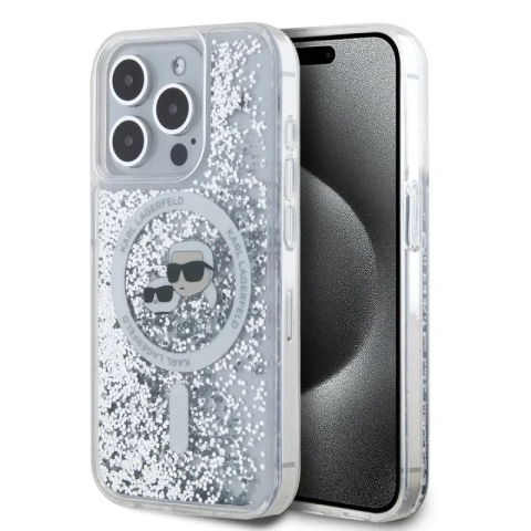 Huse telefoane - Husa pentru iPhone 15 Pro Max - Karl Lagerfeld Liquid Glitter MagSafe  - Transparent Karl&Choupette Head
