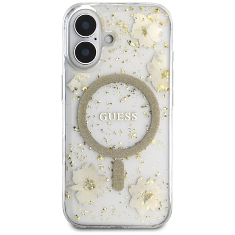 Husa pentru iPhone 16 - Guess  Hardcase Resin Flowers and Glitter MagSafe (GUHMP16SRBFGFGME) - Beige [1]