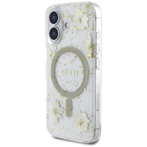 Husa pentru iPhone 16 - Guess  Hardcase Resin Flowers and Glitter MagSafe (GUHMP16SRBFGFGME) - Beige [3]