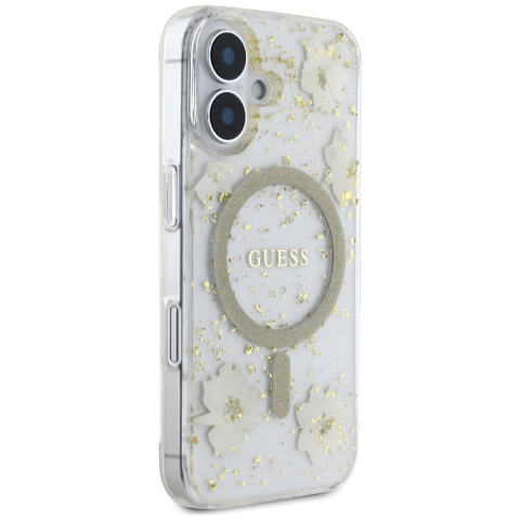 Husa pentru iPhone 16 - Guess  Hardcase Resin Flowers and Glitter MagSafe (GUHMP16SRBFGFGME) - Beige [2]