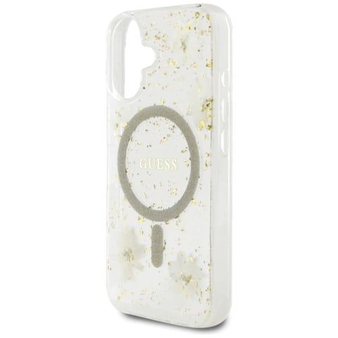 Husa pentru iPhone 16 - Guess  Hardcase Resin Flowers and Glitter MagSafe (GUHMP16SRBFGFGME) - Beige [5]