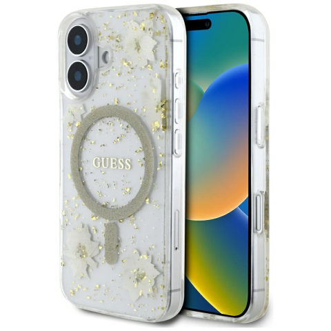 Huse & Folii Telefoane - Husa pentru iPhone 16 - Guess  Hardcase Resin Flowers and Glitter MagSafe (GUHMP16SRBFGFGME) - Beige