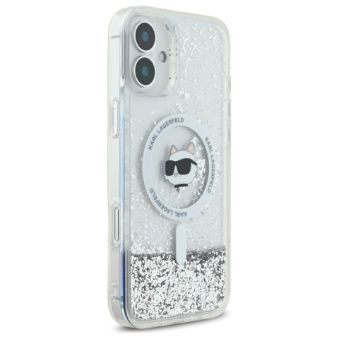 Husa pentru iPhone 16 - Karl Lagerfeld Glitter Liquid MagSafe  - Transparent Choupette Head [1]