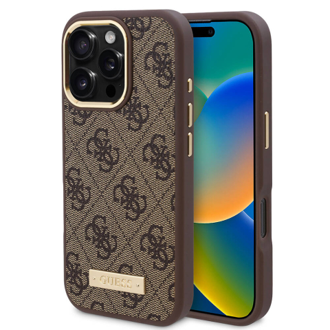 Huse telefoane - Husa pentru iPhone 16 Pro - Guess Hardcase 4G Logo Plate MagSafe  - Brown