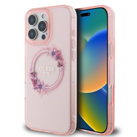 Huse & Folii Telefoane - Husa pentru iPhone 16 Pro - Guess IML Flowers Wreath MagSafe  - Pink
