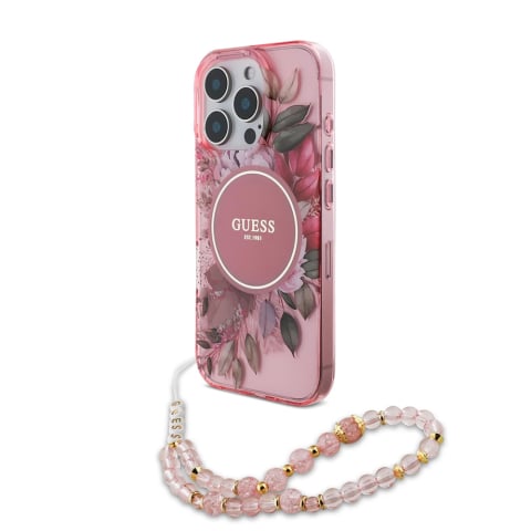 Husa pentru iPhone 16 Pro Max - Guess IML Flowers with Pearl Strap MagSafe  - Pink [3]