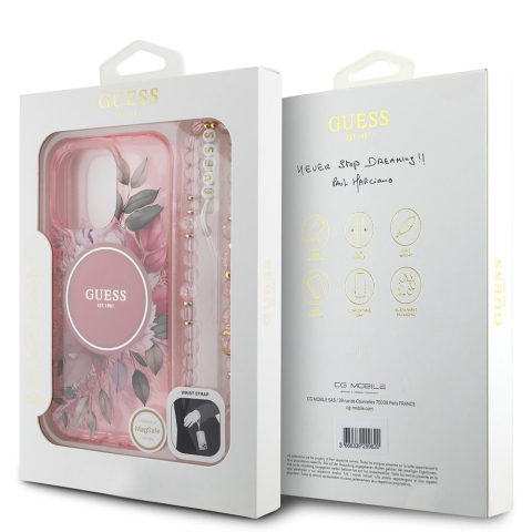 Husa pentru iPhone 16 Pro Max - Guess IML Flowers with Pearl Strap MagSafe  - Pink [5]