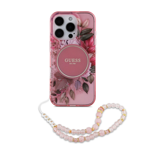 Huse telefoane - Husa pentru iPhone 16 Pro Max - Guess IML Flowers with Pearl Strap MagSafe  - Pink