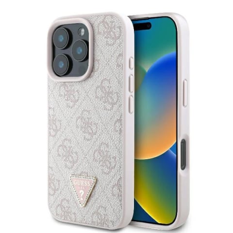 Huse telefoane - Husa pentru iPhone 16 Pro Max - Guess Leather 4G Triangle Strass  - Pink
