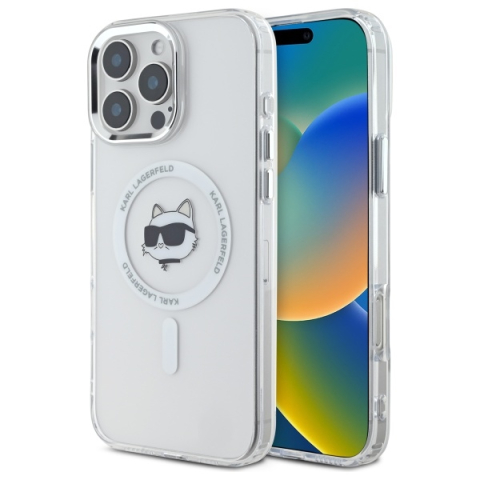 Huse telefoane - Husa pentru iPhone 16 Pro Max - Karl Lagerfeld IML MagSafe  - White Metal Choupette`s Head