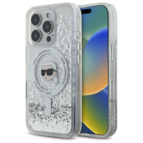 Huse telefoane - Husa pentru iPhone 16 Pro Max - Karl Lagerfeld Liquid Glitter MagSafe  - Transparent Karl Head