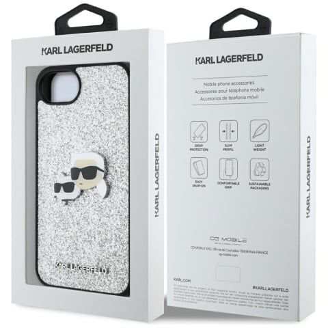Husa pentru iPhone 16e - Karl Lagerfeld Hardcase Glitter Fixed (KLHCPSE4PFGKCPS) - Silver Karl&Choupette Head [6]