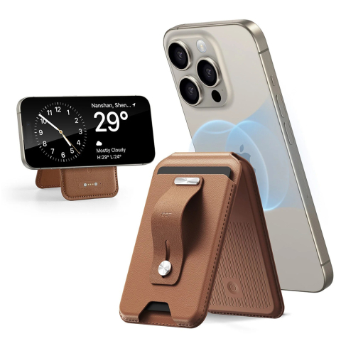Suporturi - Portofel din piele eco, suport MagSafe cu RFID tech ESR Geo, maro