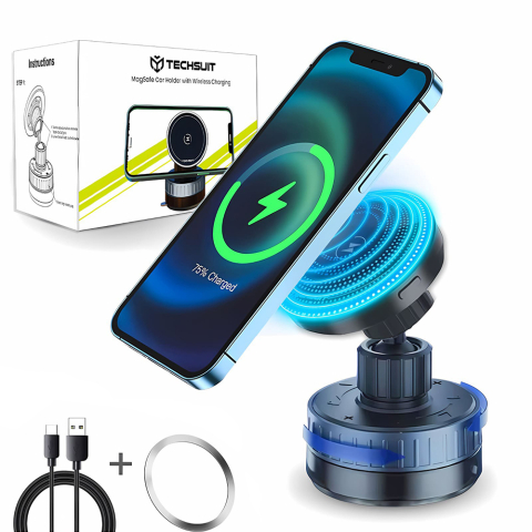 Suporturi Auto - Suport Bord / Parbriz pentru Telefon cu Incarcare Wireless, Magneti N52 cu Ventuza, 15W - Techsuit (HOLD253) - Black