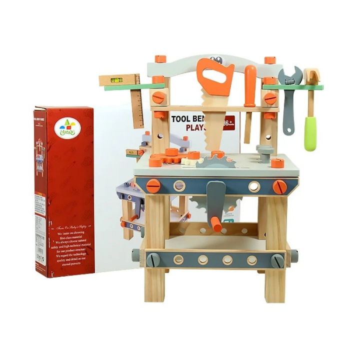 Banc de scule din lemn pentru copii cu accesorii, 63 piese, multicolor [4]